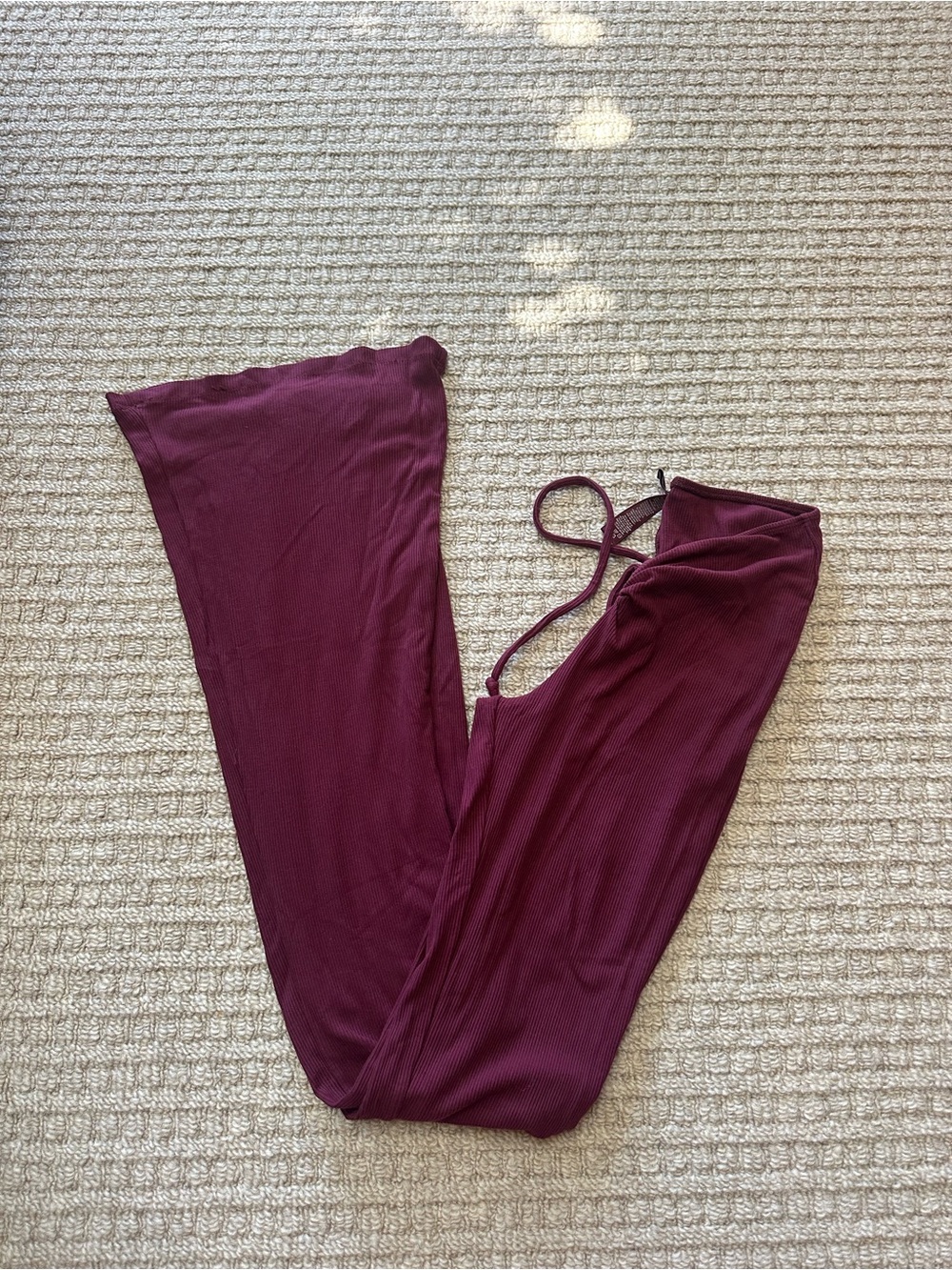 Skims Burgundy Soft Lounge Ruched V-Waistband Ribbed Flare Pants Sz XS
